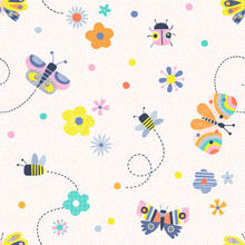 Floral Summer Whimsical Insects Scandinavian Childish Seamless Pattern. Modern Vector Background With Colourful Decorative Butterfly Ladybug Bee Daisy Flower. Bloomy Meadow Boho Baby Print Design