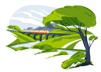 train viaduct among summer green hills. Meadows with mountains. Orange train. Wild nature grass, countryside trees. Summer flat colorful landscape