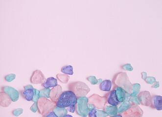 Gemstones pastel pink background. Crystal healing. Meditation.
