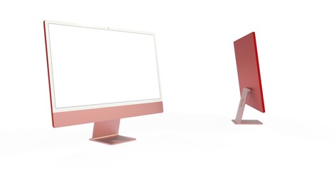 Realistic 3D Computer red, with a white screen, isolated on a background