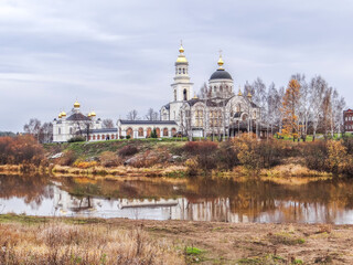 The Tura River and the Cathedral of Michael the Archangel and the Church of Simeon of Verkhoturye. The village of Merkushino. Sverdlovsk region. Russia