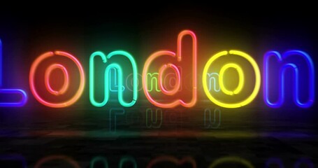 Wall Mural - London UK, GB, England symbol neon symbol. Light color bulbs with romantic city club sign. Abstract seamless and looped concept 3d flying through the tunnel animation.