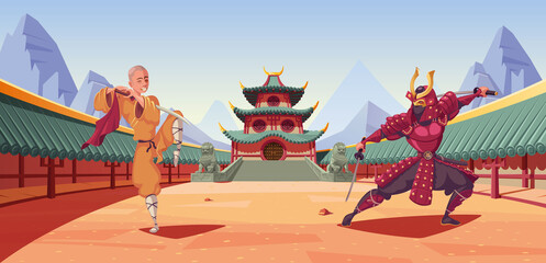 Samurai and Shaolin combat in  ancient temple vector illustration