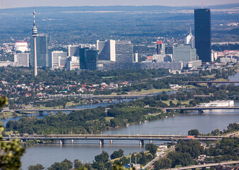 Wall Mural - Vienna, Austria city panorama with bridges over the Danube river
