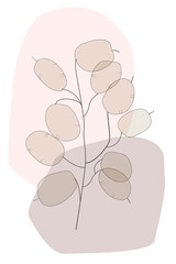 Wall Mural - Abstract art minimalistic poster of a branch with leaves in a vase. A delicate lunaria plant against a background of simple shapes. Vector graphics.