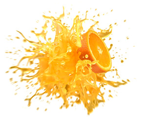 Explosion of orange juice. Splash of orange juice. White background. Closeup splash. Artistic motion blur. 3d. 3D rendering