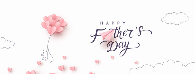 Wall Mural - Father's day postcard with flying child and pink balloons on white background. Vector paper symbols of love in shape of hearts for greeting card design