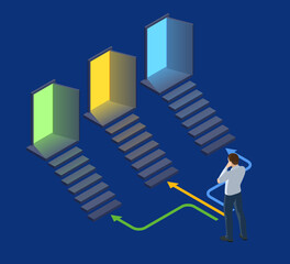 Isometric man is standing in front of three doors and having a choice. Symbol of choice, career path or opportunities. Business decision