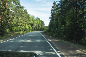 Wall Mural - The road among the Karelian taiga. Pine forest on the side of the road. Trip to Karelia. Highway among the trees. Driving on a trip to beautiful places. Karelia. Day.