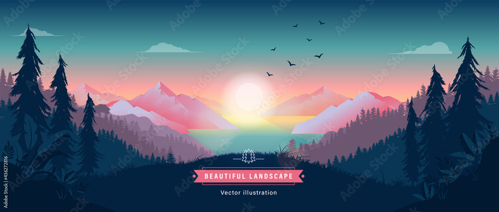 Vector sunrise and landscape background - View with mountains and sea ...