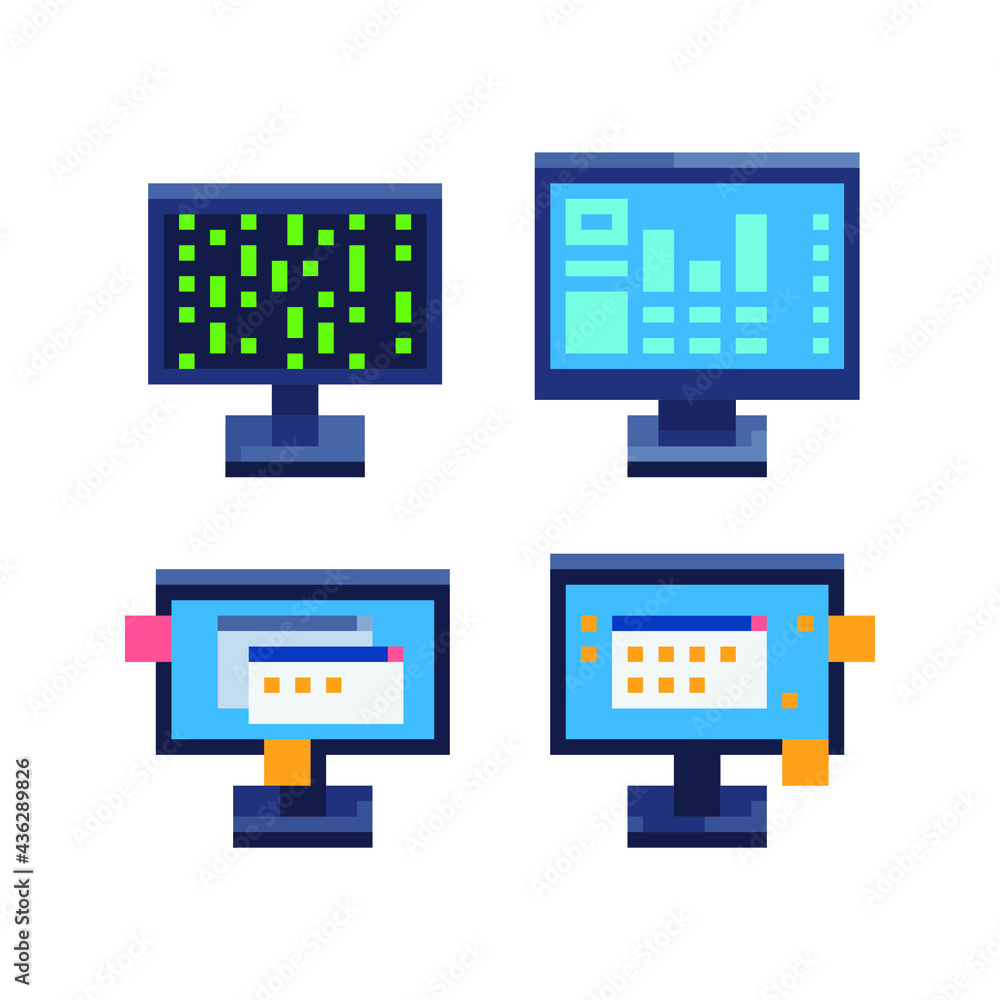Monitor and browser window with video player flat style icons set ...