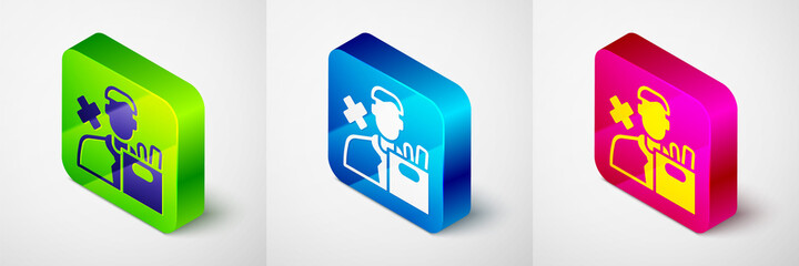 Sticker - Isometric Dismissed sad young man carrying box with his personal belonging leaving his job icon isolated on grey background. Employee fired from work. Square button. Vector