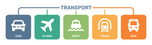 Transportation Vector Icons Set. Car, Plane, Boat, Train, Bus.