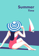 Summer party, vacation and travel concept. Girl on the beach. Vector flyer or poster design in minimalistic style.