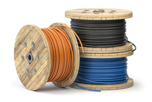 Wire Electric Cable Of Different Colors On Wooden Coil Or Spool Isolated On White Background.