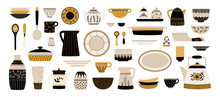 Dishes. Kitchen Ceramic Crockery. Cartoon Porcelain Plates And Cups. Decorative Dinnerware. Teapots And Jugs. Bowls Or Spoons. Household Utensil Elements. Vector Isolated Pottery Set