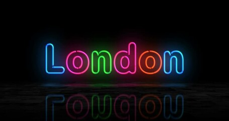 Wall Mural - London symbol neon glowing symbol. Light color bulbs with city club sign. Abstract concept 3d animation.