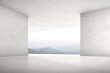 © nuchao - 3d render of empty concrete room with large window on mountain background.