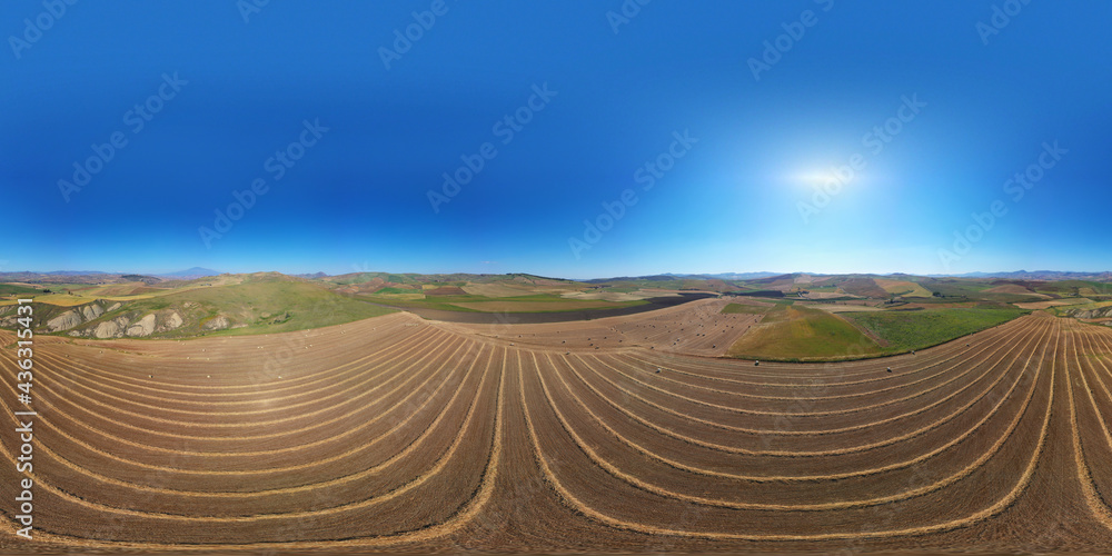 360 degree aerial photo of the wheat fields in the heart of Sicily in ...