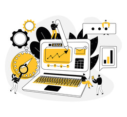 A team of employees is working on a business project on a large laptop. Business concept, teamwork. Flat style, contour, abstraction. Investment. Vector illustration in black, yellow, white colors.