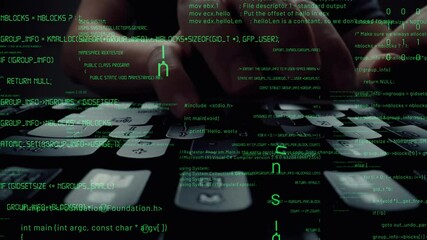 Creative visual of computer programming coding and software development shown by man working on computer keyboard with overlay of computer graphic displaying abstract program codes and computer script