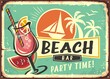 © lukeruk - Beach bar cocktail party retro poster layout. Tropical paradise theme with cocktail glass drink, sailboat and palm trees. Summer vacation vintage sign design.