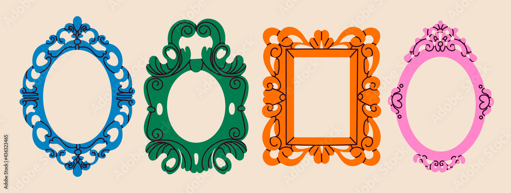 Set of various decorative Frames or borders. Different shapes. Photo or mirror frames. Vintage, retro design. Elegant, modern style. Hand drawn trendy Vector illustration. All elements are isolated - obrazy, fototapety, plakaty 