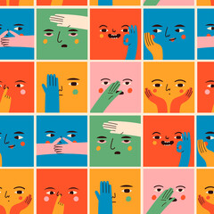 Wall Mural - square abstract comic faces with various emotions and hand gestures. different colored characters. c