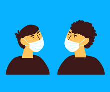 Two Men In Medical Masks On A Blue Background. Cartoon. Vector Illustration.