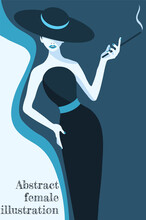 Blue Abstract Illustration Of Fashion Stylized Woman In Hat And Long Dress With Belt  On Blue Background 