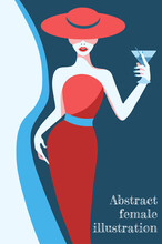 Abstract Illustration Of Fashion Stylized Woman In Hat And Long Red Dress With Blue Elements 