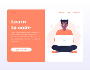 Learn to code web page, banner with coding girl, software developer
