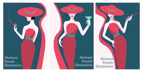 Wall Mural - collection of abstract illustrations of fashion stylized woman in hat and long dress in pink dress on dark green background