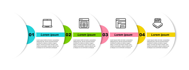 Set line Laptop, MySQL code, Software and Processor. Business infographic template. Vector