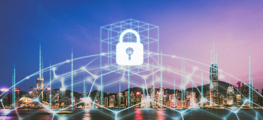 Fototapete - Cyber security smart network city of Hong Kong