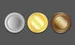 Empty Blank Set vector templates for winner awards medals, coin, price tags, sports, sewing buttons, buttons, icons or medals with gold silvver and bronze shiny metal texture and embossed rim around.