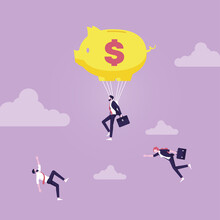 Businessman used piggy bank like a parachute for Soft Landing  and another people falling, Saving Money and Investment 