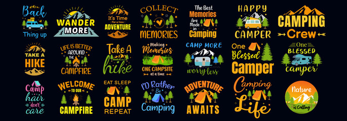 Set of camping lettering, adventure isolated hand drawn typography design for greeting print label poster vector illustration