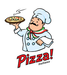 Canvas Print - Funny italian chef with pizza. Emblem design