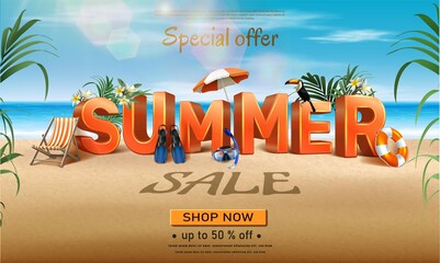 Vector summer sale banner template. Horizontal orientation with 3d letters.