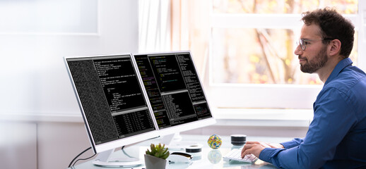 Computer Programmer Writing Program Code On Computer