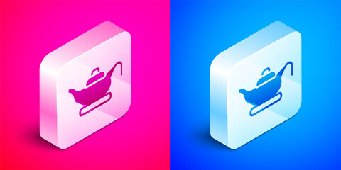 Isometric Oil lamp icon isolated on pink and blue background. Silver square button. Vector