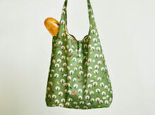 Baguette In Foldable Green Eco Shopper Bag With Funny Pattern