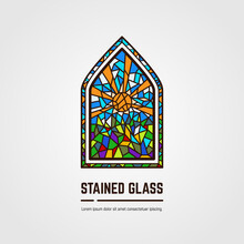 Colorful Stained Glass Window. Logo, Emblem Or Icon With Text. Sun With Rays And Grass. Thick Line Style Flat Style Linear Vector. Architecture, Religious Or Gallery. Bright Stain Glass Color Window.