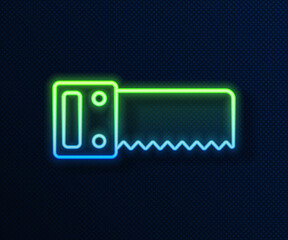 Sticker - Glowing neon line Hand saw icon isolated on blue background. Vector