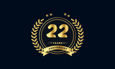 Wall Mural - 22th golden anniversary logo, with shiny ring and golden ribbon, laurel wreath isolated on navy blue background