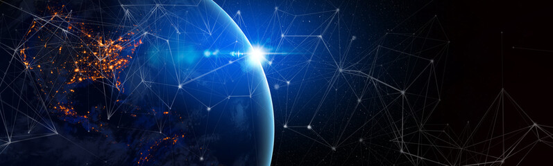 Leinwandbilder - Communication technology for internet business. Global world network and telecommunication on earth cryptocurrency and blockchain and IoT. Elements of this image furnished by NASA