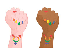 LGBT. Flat Illustration Of LGBT Icon For Web. Rainbow Transgender Symbol. Black And White Hand With Nails Colors LGBT And Tattoo.