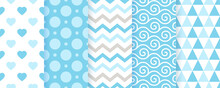 Baby Pattern. Baby Boy Seamless Backgrounds. Blue Pastel Textile Textures. Vector. Kids Geometric Print. Set Of Cute Childish Wrapping Paper. Scrapbook Backdrops. Modern Illustration.