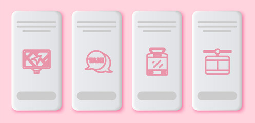 Sticker - Set line Gps device with map, Taxi call telephone service, Tram and railway and Cable car. White rectangle button. Vector